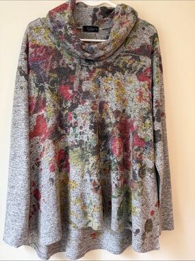 Inoah Abstract Floral Cowl Neck knit top Gray with Red & Olive accents size XL
